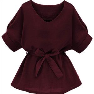 Burgundy Short Sleeve Tie Blouse